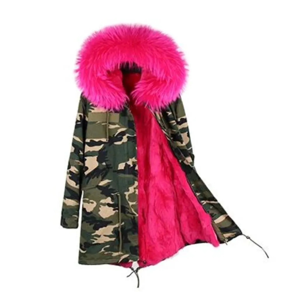 Women's Winter Casual Spandex Hooded Parka With Raccoon Fur