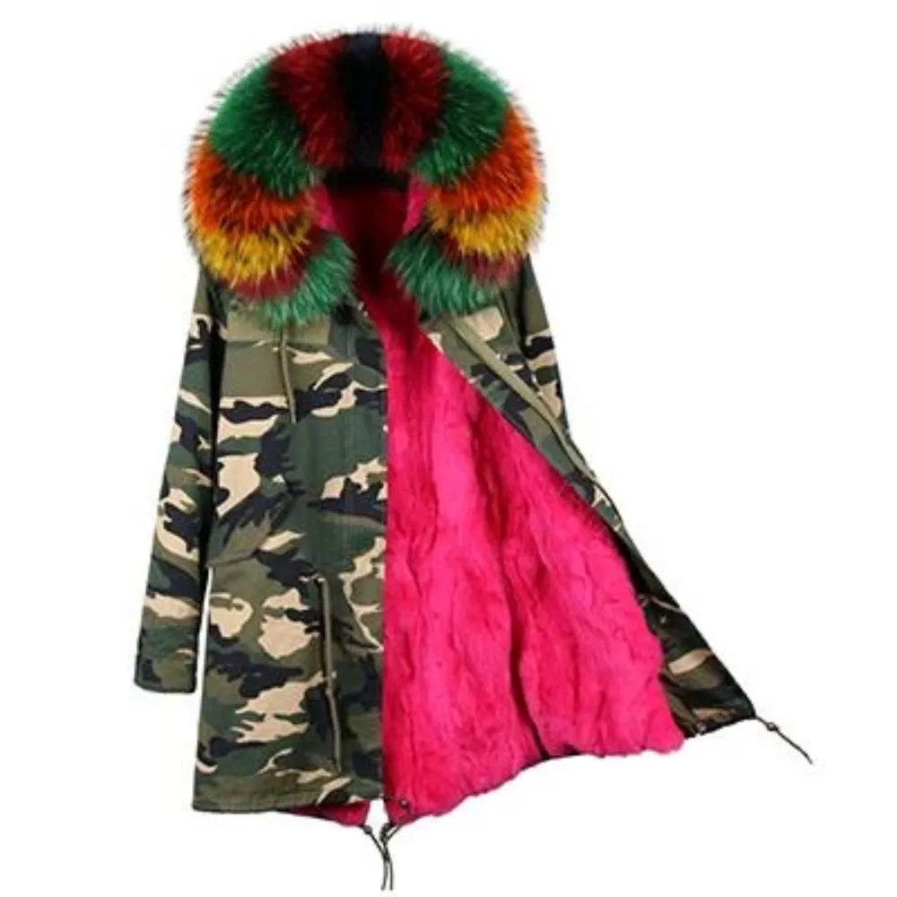 Women's Winter Casual Spandex Hooded Parka With Raccoon Fur