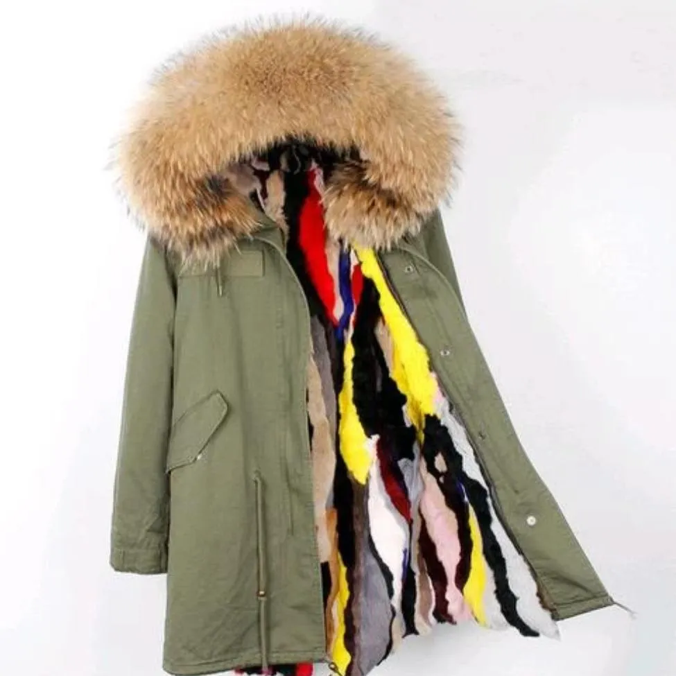 Women's Winter Casual Spandex Hooded Parka With Raccoon Fur