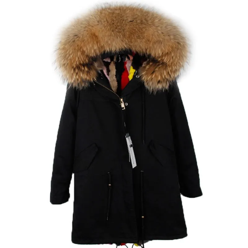Women's Winter Casual Spandex Hooded Parka With Raccoon Fur