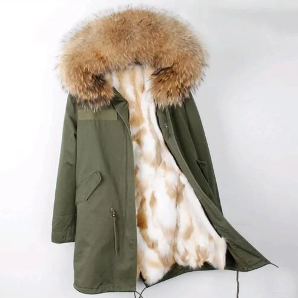 Women's Winter Casual Spandex Hooded Parka With Raccoon Fur