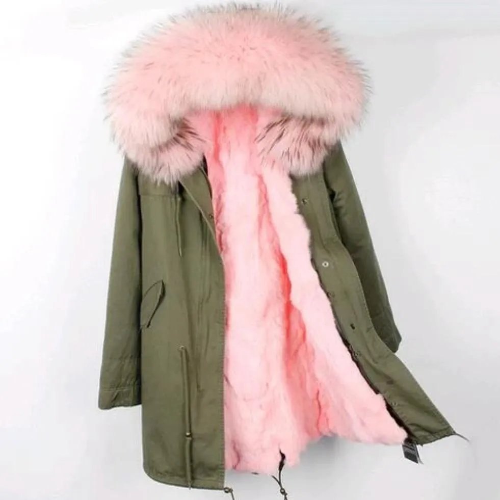 Women's Winter Casual Spandex Hooded Parka With Raccoon Fur