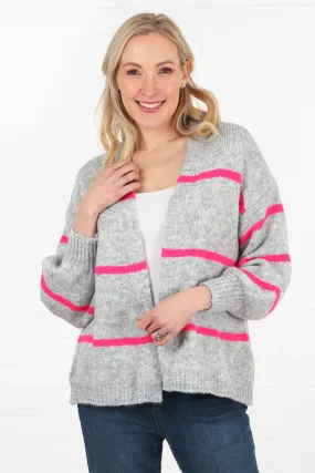 Wool Blend Open Front Cardigan Thin Stripes in Light Grey and Fuchsia